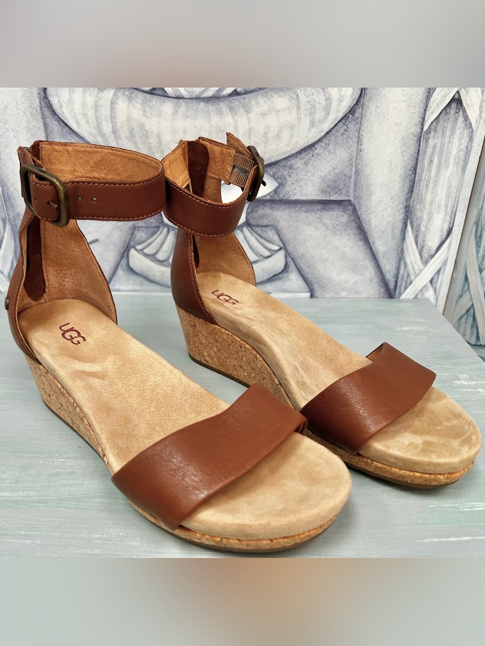 UGG Tan Leather Cork Wedge Ankle-Strap Sandals